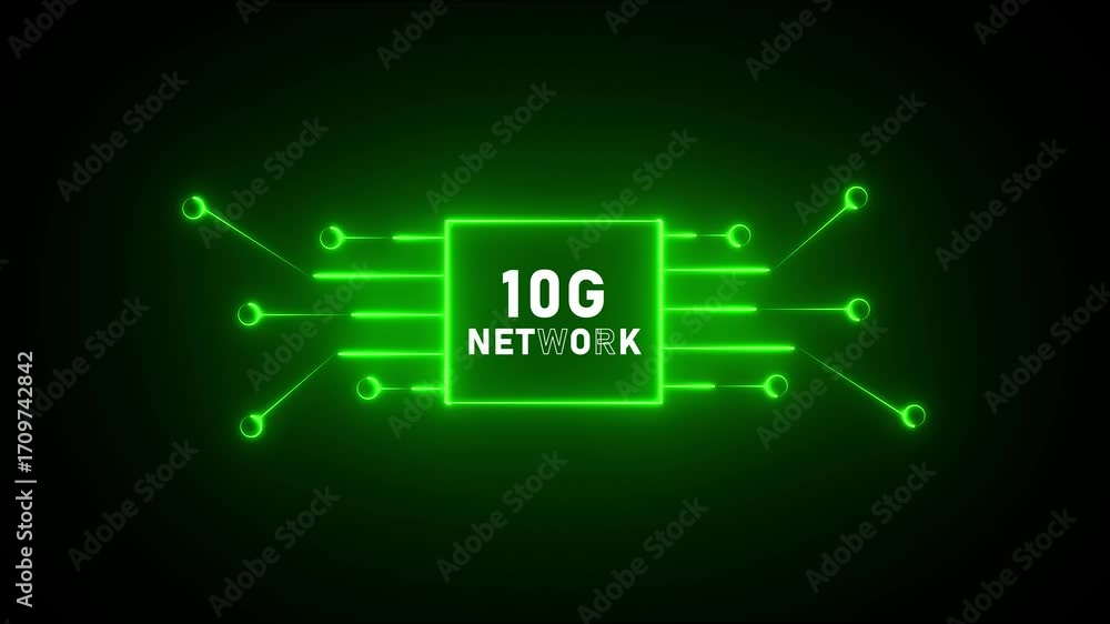 Poster neon 10 g network symbol with circuit board lines and glowing nodes on black background technology c