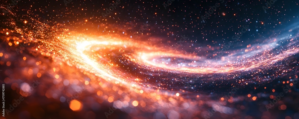 Poster abstract visualization of a vibrant glowing spiral galaxy with swirling cosmic energy and countless 