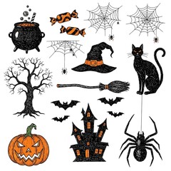 A collection of hand-drawn Halloween-themed doodle or sketch illustrations