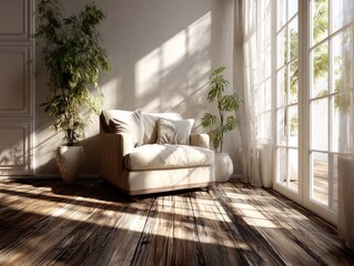 Sunlit room corner with armchair and plants