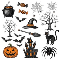 A collection of hand-drawn Halloween-themed doodle or sketch illustrations