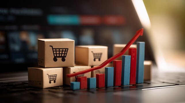 E-commerce packages with increasing bar graph and arrow on laptop, showing sales growth. Concept for online business strategy, financial planning and retail success analysis