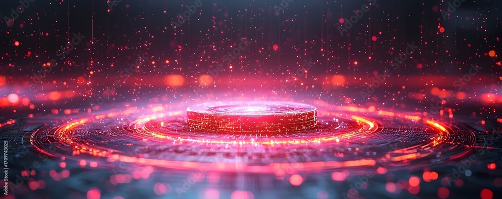 Poster futuristic digital core platform with glowing neon energy rings and illuminated particles in a dark 