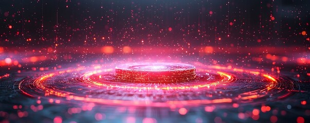 Futuristic digital core platform with glowing neon energy rings and illuminated particles in a dark abstract space