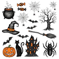 A collection of hand-drawn Halloween-themed doodle or sketch illustrations