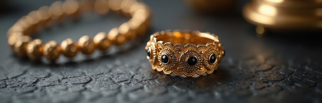 Elegant gold ring, finely crafted with intricate designs, black gemstones. Timeless beauty, exquisite metalwork, polished brilliance make luxurious statement piece. High-quality heirloom jewelry