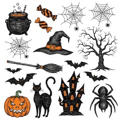 A collection of hand-drawn Halloween-themed doodle or sketch illustrations