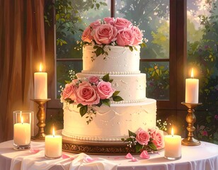 Romantic wedding cake decorated with pink roses and illuminated candles