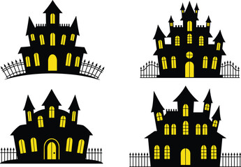 Set of four spooky haunted houses with glowing windows, fences, Halloween night theme, vector illustration, spooky silhouette designs
