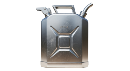 Isolated Fuel can in stainless steel, car fuel, metallic shiny container for petrol or gasoline