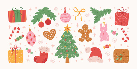 Cute set of Christmas hand drawn elements. Retro holiday Xmas graphic icons. Christmas tree, bow, gift, funny tree toys, candy, gingerbread, red socks.  Perfect for greeting card. Vector illustration.