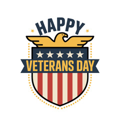 Happy veterans day shield, crest with stripes, gold border ribbon, star symbols, patriotic emblem, vintage vector design