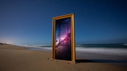 Magical doorway on a beach at night opens to a galaxy