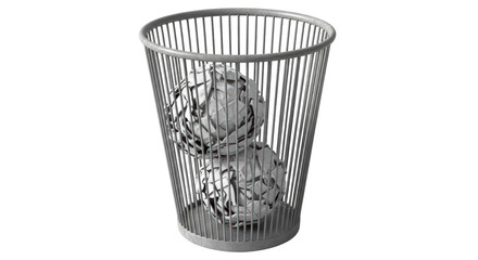 Isolated wire trash can with crumpled paper, trash receptacle, waste bin, office litter