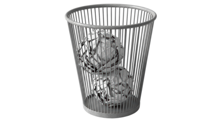 Isolated wire trash can with crumpled paper, trash receptacle, waste bin, office litter