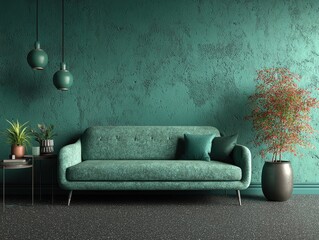 Teal living room with textured walls