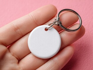 White blank circular keychain held in hand