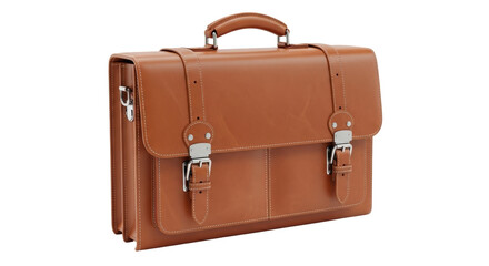 Isolated brown leather briefcase with handle for business accessories and documents
