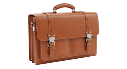 Isolated brown leather briefcase with handle for business accessories and documents