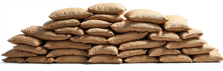 Stack of burlap sandbags, textured rough woven material, isolated on white background. Used for agriculture, construction, fortification, defense, protection, security, storage, and industry.