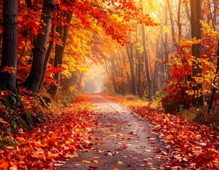 Fototapeta premium Autumn Forest Path Covered with Oranges and Red Leaves