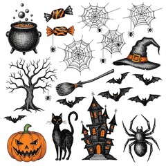 A collection of hand-drawn Halloween-themed doodle or sketch illustrations