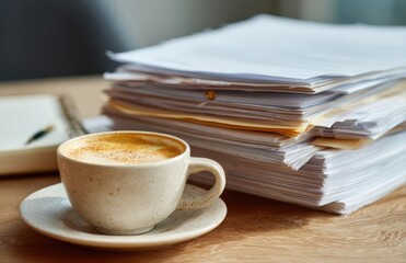 Cappuccino stands next to stack of papers on office desk