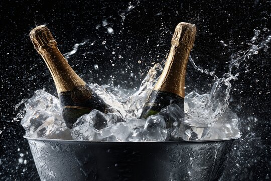Two champagne bottles in an ice bucket with splashing water on a black backdrop, concept for celebration moments, luxurious event promotion and beverage advertising