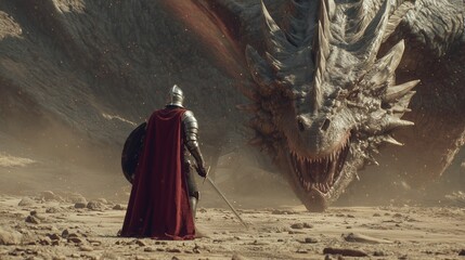 Fototapeta premium A knight in shining armor faces a massive dragon in a desolate landscape, ready for battle. Concept for fantasy illustrations, cinematic storyboards and epic adventure themes