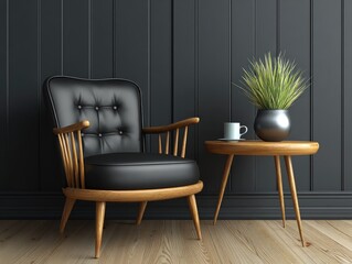 Black leather armchair, wooden legs, small table, dark room