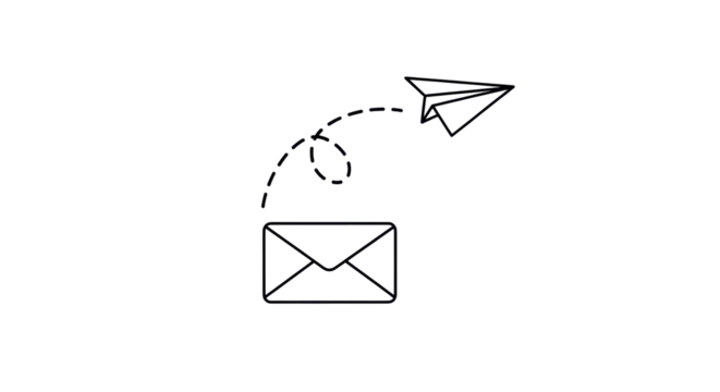 Isolated sending letter with dotted flight path of paper airplane, outline design drawing