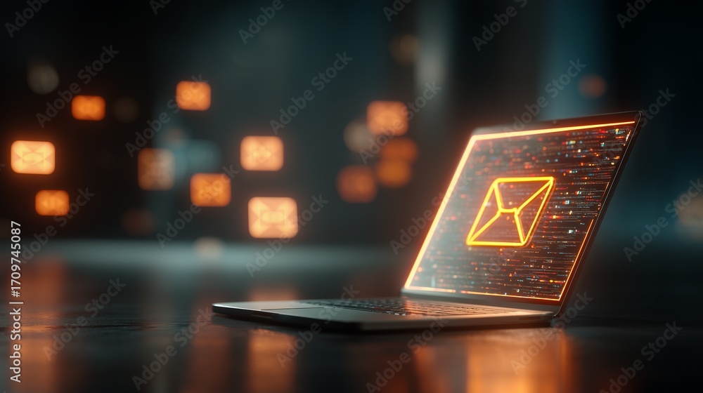 Fototapete laptop screen displaying an illuminated envelope icon against a blurred background with floating ico
