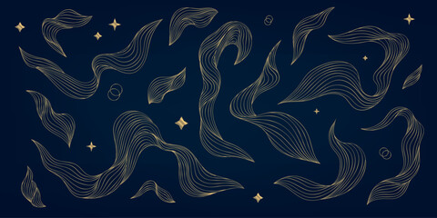 Set of abstract Japanese vector background, golden waves logos, sparkling ornaments, textures, celestial motifs. Luxury posters, decorative patterns, magic design © marylia17