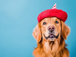 Happy golden retriever wearing a red beret