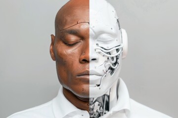Split screen showing middle age black man and cyborg face