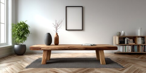 Modern minimalist living room with wooden coffee table