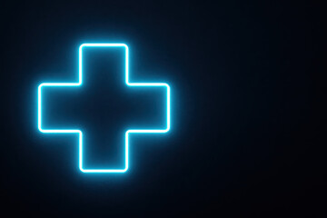 Obraz premium Neon glowing cross medical icon futuristic healthcare symbol with blue light on dark background, modern digital style, symbolizing emergency, hope, and innovation in medicine