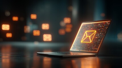 Laptop screen displaying an illuminated envelope icon against a blurred background with floating icons, concept for email marketing, digital communication and remote collaboration