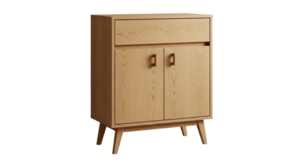 Isolated wooden cabinet with drawer, light tone wood storage furniture, no background