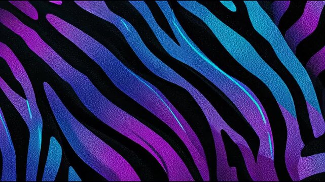 Iridescent black and violet zebra pattern with neon blue reflections creating surreal visual waves. Abstract design concept
