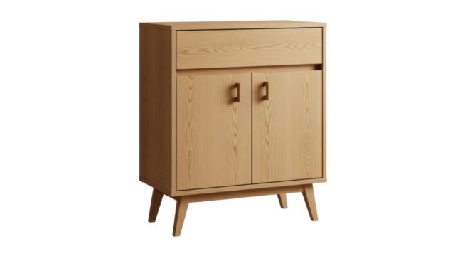 Isolated wooden cabinet with drawer, light tone wood storage furniture, no background