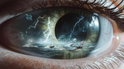 Closeup human eye reflecting ocean storm with boats and lightning, conceptual theme