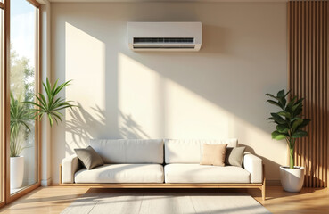 Fototapeta premium Modern living room with efficient air conditioner on wall. White couch, large windows, potted plants create comfort. Precise temperature control keeps room cool on hot summer day.