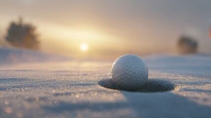 Golf Ball in Winter Wonderland: A golf ball rests in the hole amidst a snow-covered course at sunrise, the cold air creating a mesmerizing visual.