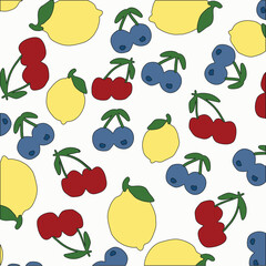 Seamless pattern of fresh cherries, lemons and blueberries