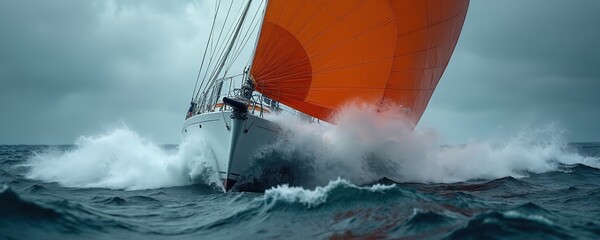 White sailing boat with orange sail navigates rough stormy seas. Powerful waves crash over vessel creating white spray. Turbulent ocean water indicates strong winds, challenging maritime conditions.
