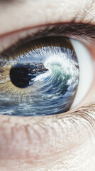 Human eye reflecting giant tsunami wave in apocalyptic scene, conceptual