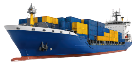 Blue and Yellow Container Ship on Black Background