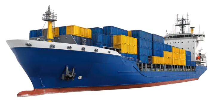 Blue and Yellow Container Ship on Black Background