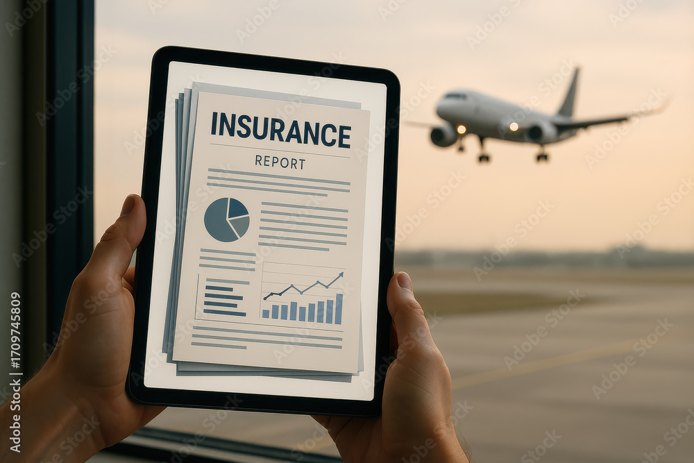Poster digital insurance report tablet airport window airplane travel data analysis document technology mod